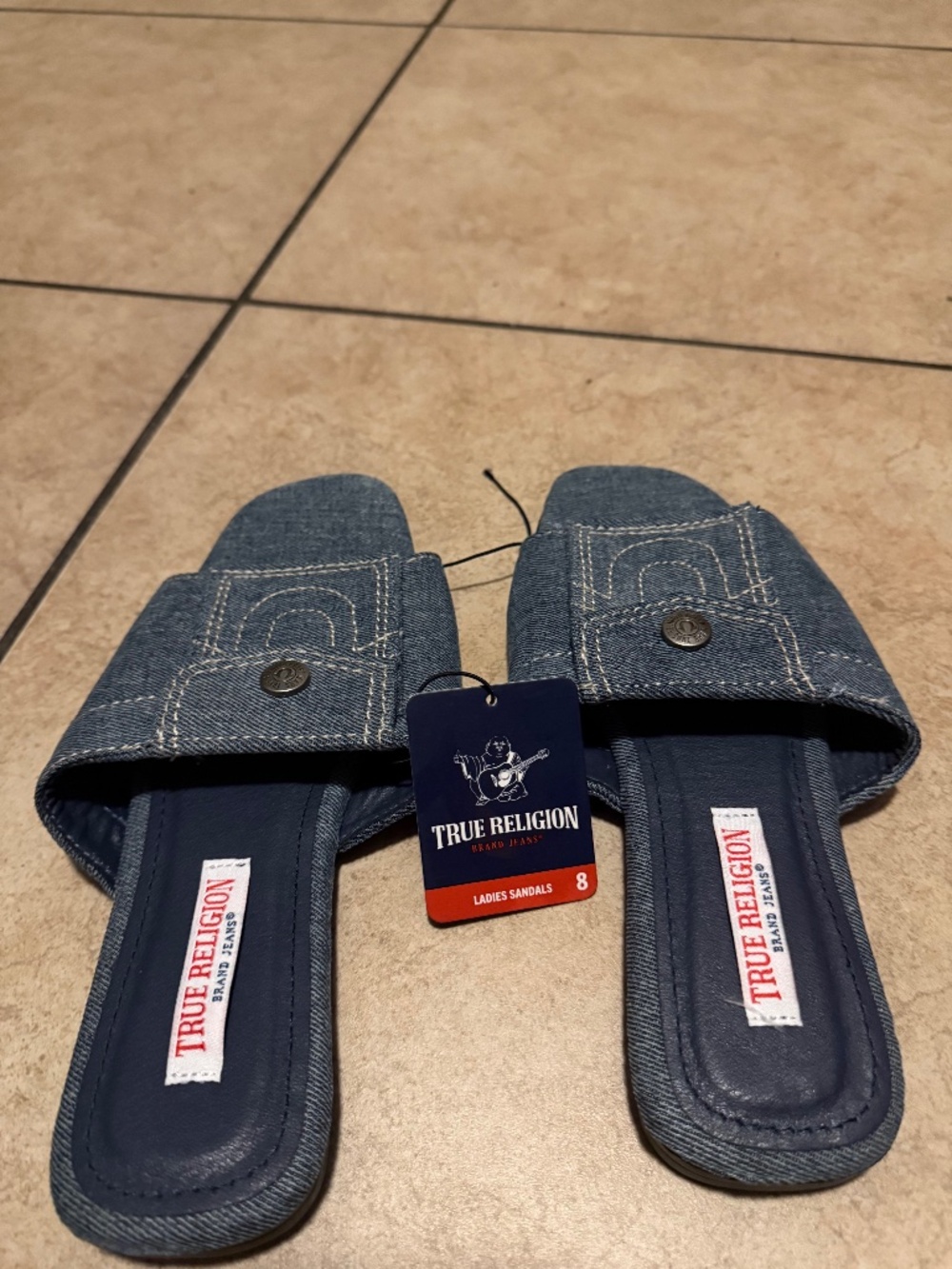 NEWLY ARRIVED;;  True Religion Womens Denim Jean Pocket Sandals SZS 8 and 9.